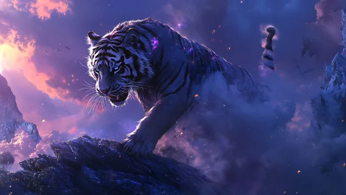 Starlit phantom tiger strides through clouds like cracked thunder