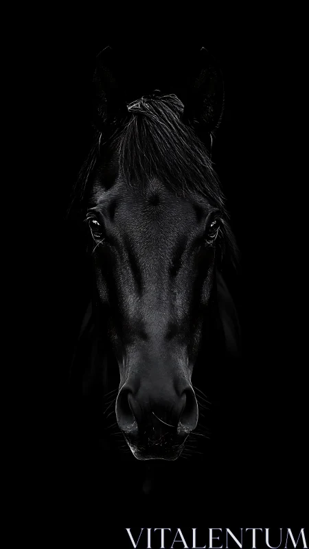 Midnight black horse gazes calmly from deep shadow