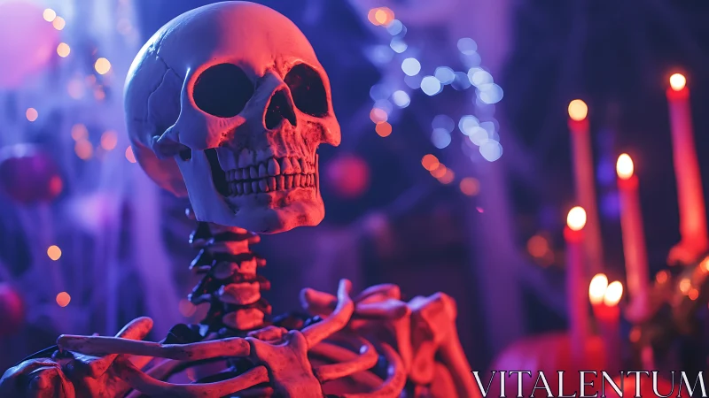 Halloween skeleton under neon candlelight bokeh glow.