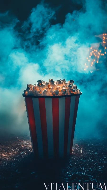 Cinematic popcorn bucket glows amid moody blue fog.