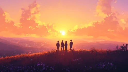 Silhouetted friends overlook radiant sunset valley vista.