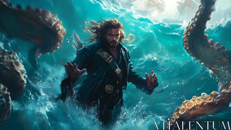 Storm-tossed pirate confronts kraken tentacles in dynamic seascape