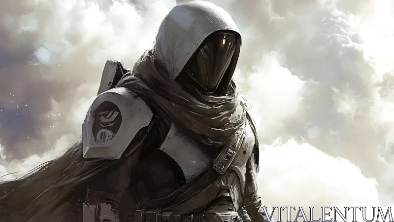 Hooded sci fi soldier in armor stands against bright clouds.