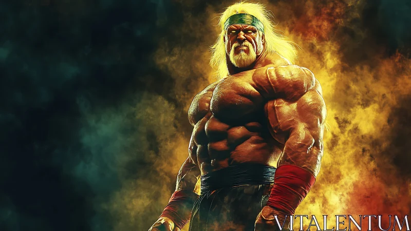 Inferno-forged elder warrior strides through blazing storm.