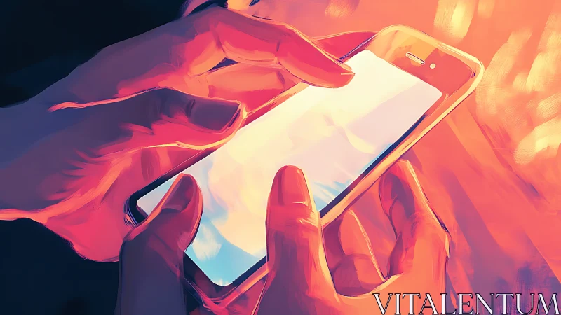 Hands holding smartphone with bright blank touch screen.