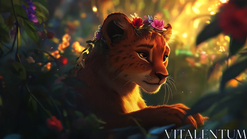Gentle lion cub with flower crown in glowing forest dream.