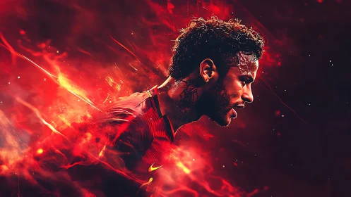 Dynamic footballer portrait in blazing red energy effect.