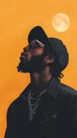 Portrait of stylish man in cap under full moon on orange.