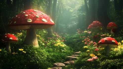 Enchanted forest mushrooms glow softly in dreamy morning light