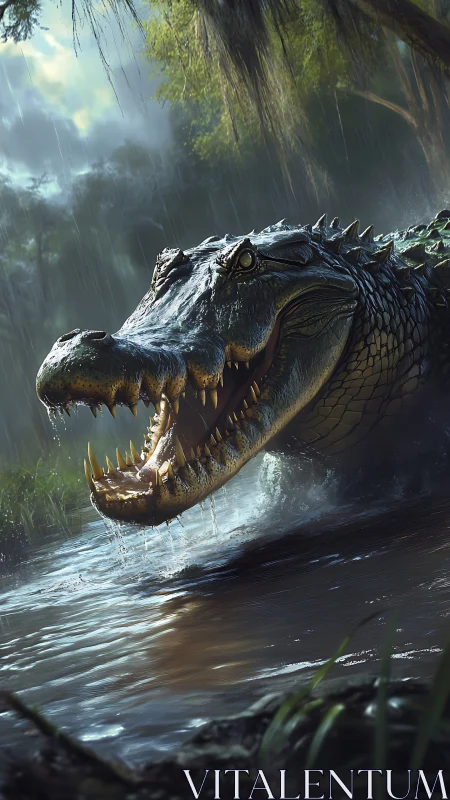 Photorealistic crocodile lunge in rain-soaked jungle shallows.