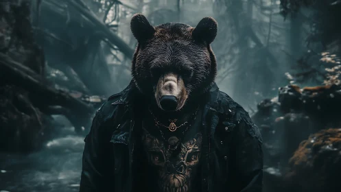 Anthropomorphic bear wanderer in fog-drenched forest gorge.