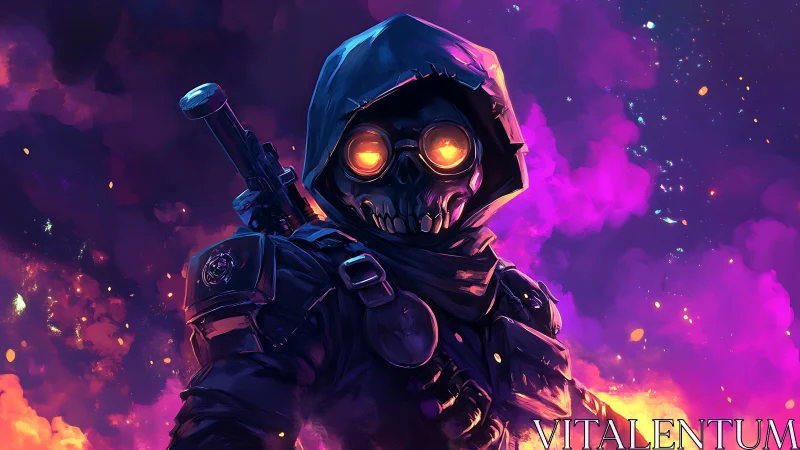 Hooded wanderer with glowing eyes in neon night haze.