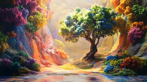 Luminous fantasy tree glows in a radiant, color-drenched valley