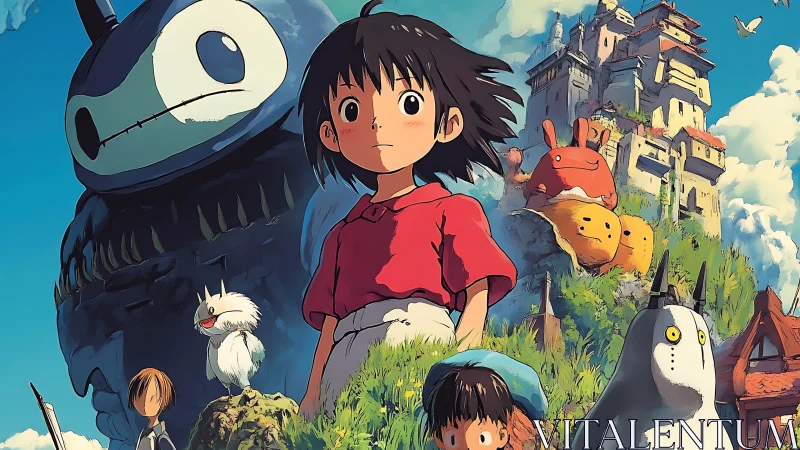 Young girl in fantasy landscape with large creatures.