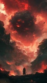 Lone wanderer beneath a roaring, firelit storm sky.