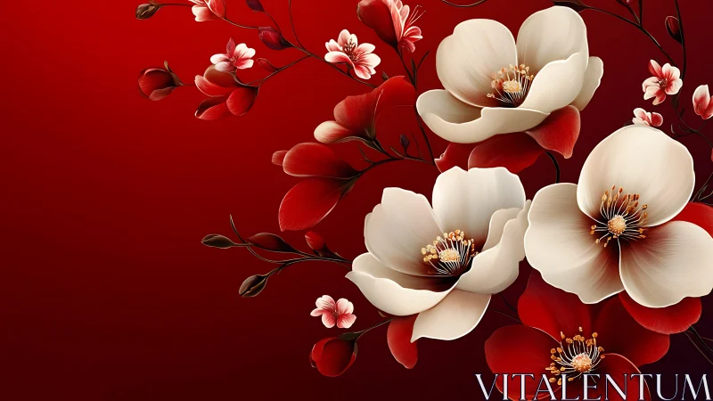 Elegant red and white floral arrangement on deep crimson background.