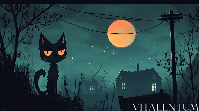 Black Cat Under Orange Moon in Haunted Night.