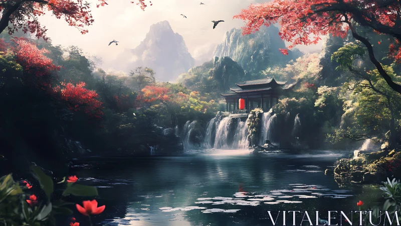 Serene temple by waterfalls in lush red autumn valley.