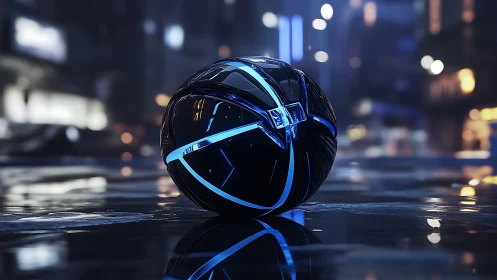 Midnight neon tech sphere resting on a rain-soaked street.