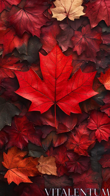 Crimson maple leaf centerpiece over layered autumn foliage.