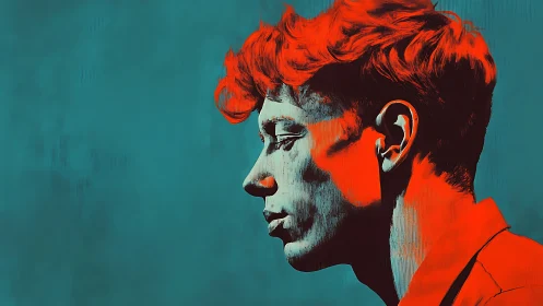 Profile portrait of red haired man on teal background.