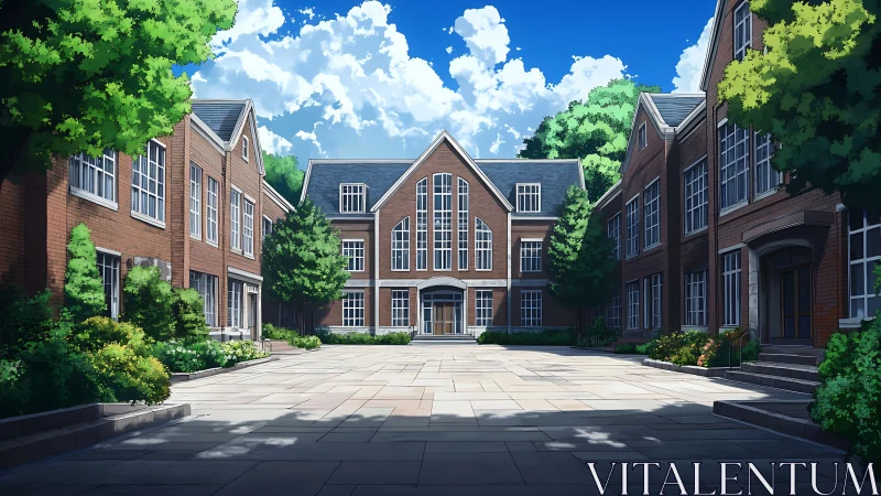 Sunlit brick campus courtyard frames central academic hall.