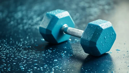 Wet blue hex dumbbell lies on reflective gym surface under light