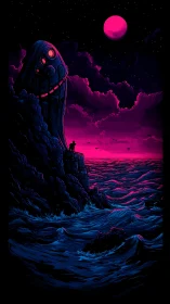 Neon alien monolith above stormy magenta ocean horizon.