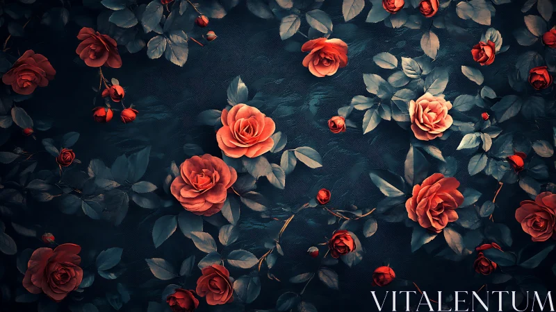 Red roses on dark textured surface with foliage arrangement.