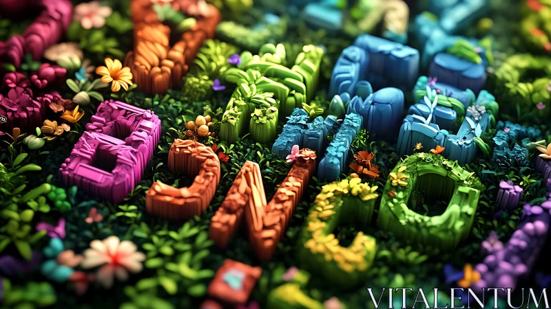 Playful garden letters blooming in lush fantasy colorfields.