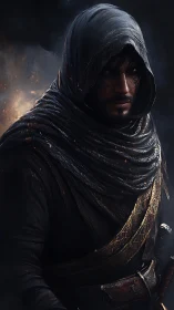 Hooded rogue stands in emberlit shadows, gaze burning.