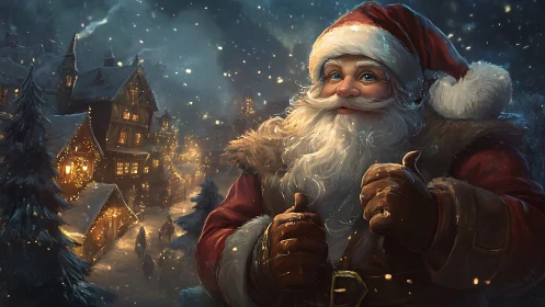 Highly rendered Santa portrait with illuminated snowy village depth