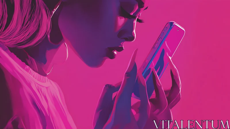 Neon lit woman studies her smartphone in moody profile