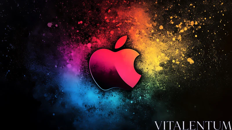 Color-splashed apple icon glowing in a cosmic paint storm.