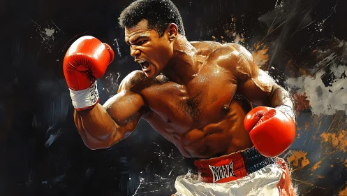 Professional Boxer Executing Powerful Punch in Red Gloves. Dynamic Combat Portrait.