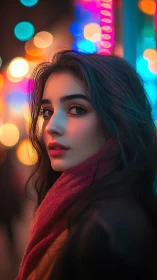 Soft city lights and a quiet gaze in the neon evening.