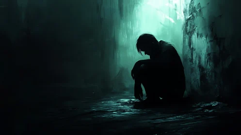 Quiet figure resting in a moody teal-lit alleyway.