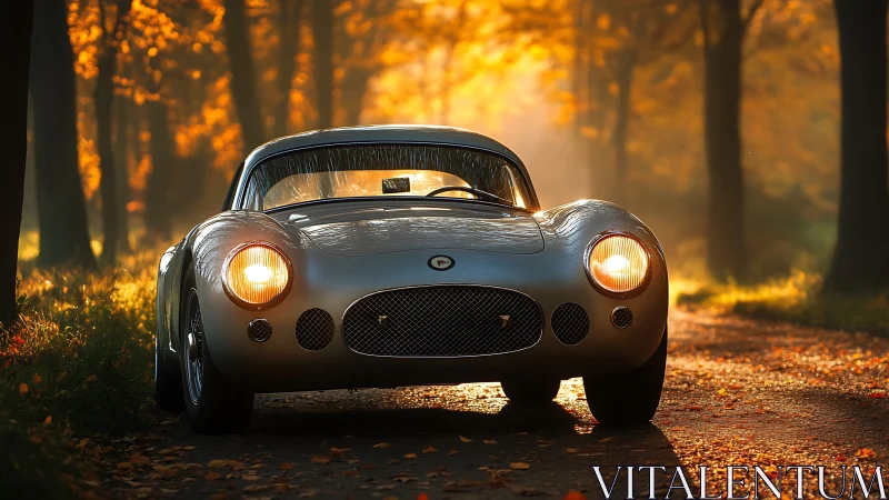 Silver vintage coupe on forest lane in autumn backlighting.
