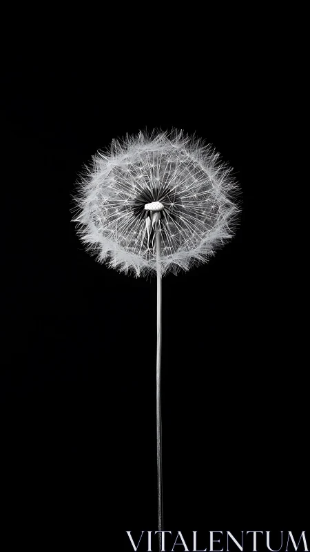 Single dandelion seed head stands isolated on black background