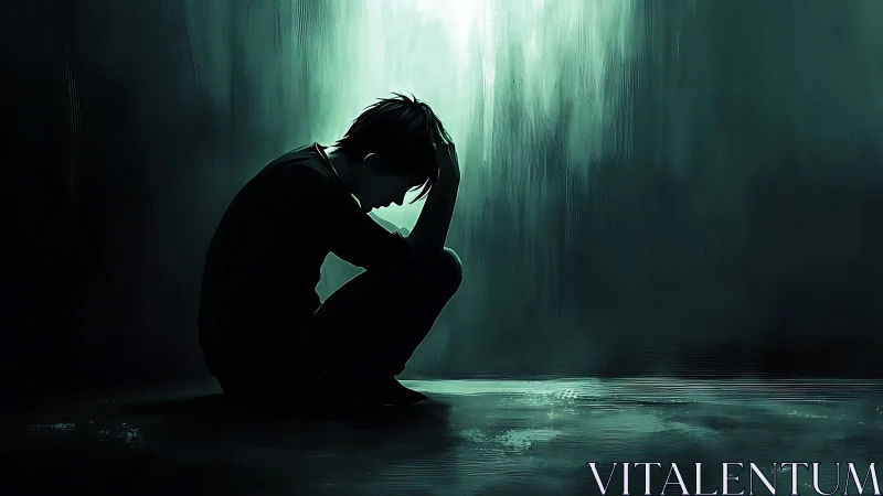 Quiet moment of sorrow in soft teal and shadowed light.