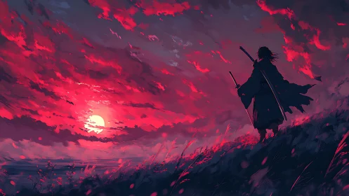 Samurai silhouette under spectrally saturated crimson sunset.