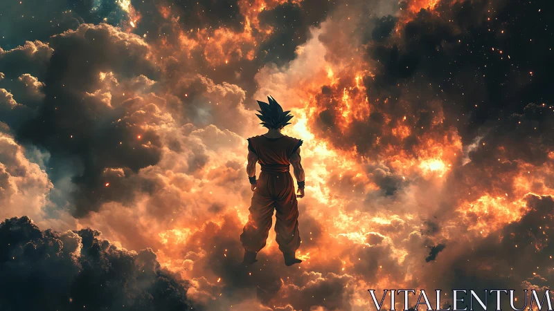 Fiery sky warrior drifts calmly among glowing storm clouds