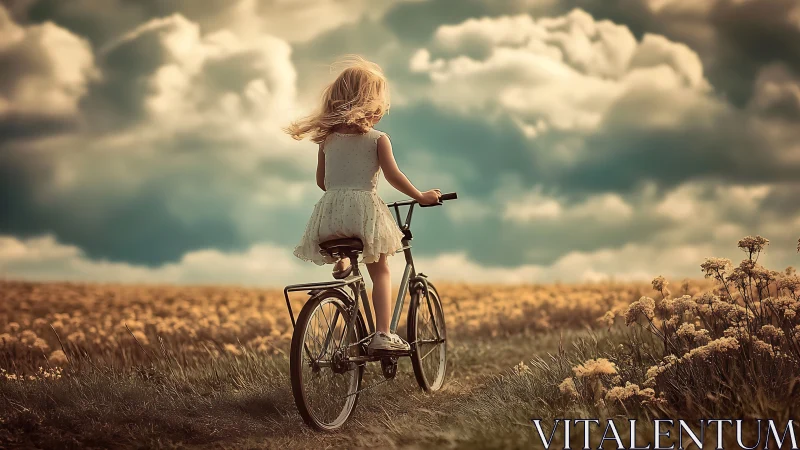 Girl on bicycle in field under clouds.
