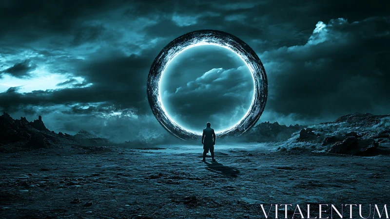 Lone wanderer greeting a glowing alien portal of storms.