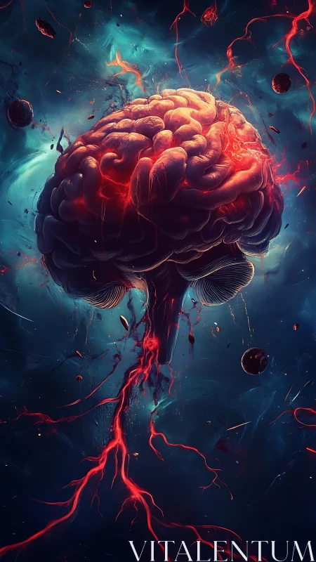 Neural storm brain suspended in cosmic electric nebula.