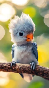 Fluffy baby bird perched on a sunlit branch outdoors.