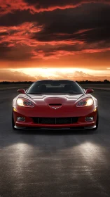 Red sports car stands under dramatic sunset sky on highway
