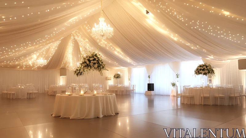 Elegant white wedding reception hall with draped lights.