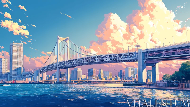 Sunlit suspension bridge spans stylized urban waterfront skyline