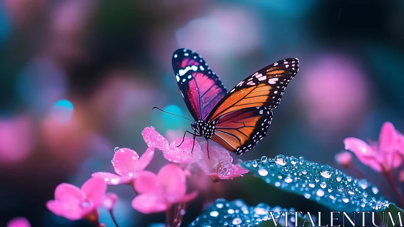Monarch butterfly rests on dewy pink blossoms in neon bokeh field